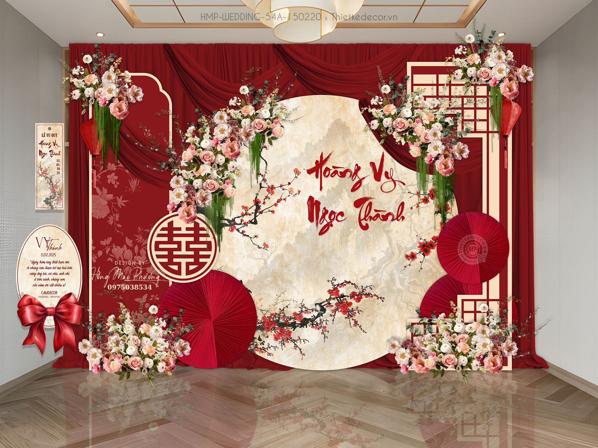 Gia tiên Vintage Tone đỏ kem họa tiết cành đào phối rèm, quạt nhung